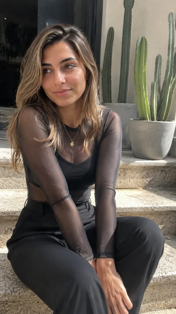 Sitting outdoors sheer black outfit